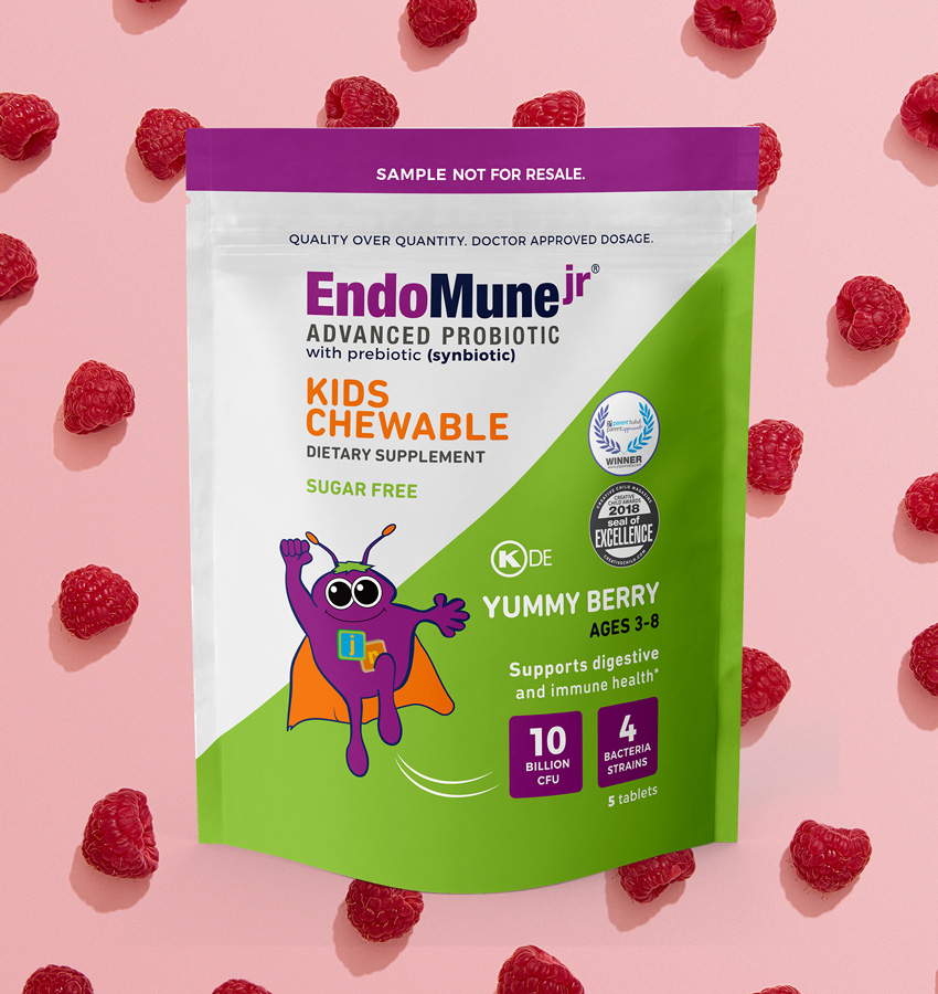 EndoMune kids chewable product label with berry background